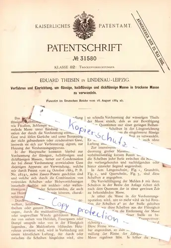 original Patent - Eduard Theisen in Lindenau-Leipzig , 1884 , Trockenvorrichtungen !!!