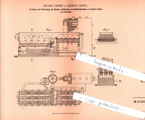 original Patent - Eduard Theisen in Lindenau-Leipzig , 1884 , Trockenvorrichtungen !!!