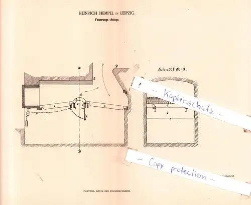 original Patent - Heinrich Hempel in Leipzig , 1884 , Feuerungs-Anlage !!!