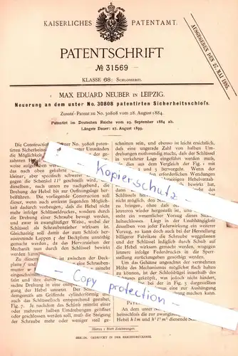 original Patent - Max Eduard Neuber in Leipzig , 1884 , Neuerung an dem Sicherheitsschloß !!!
