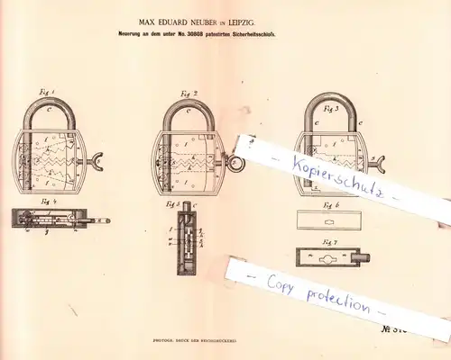 original Patent - Max Eduard Neuber in Leipzig , 1884 , Neuerung an dem Sicherheitsschloß !!!