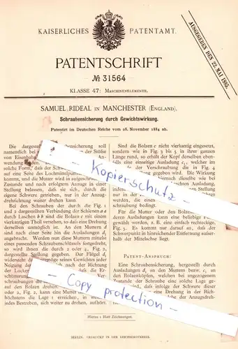 original Patent - Samuel Rideal in Manchester , England , 1884 , Schraubensicherung durch Gewichtswirkung !!!