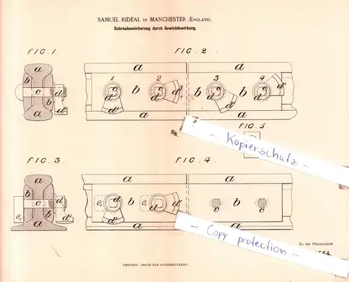 original Patent - Samuel Rideal in Manchester , England , 1884 , Schraubensicherung durch Gewichtswirkung !!!