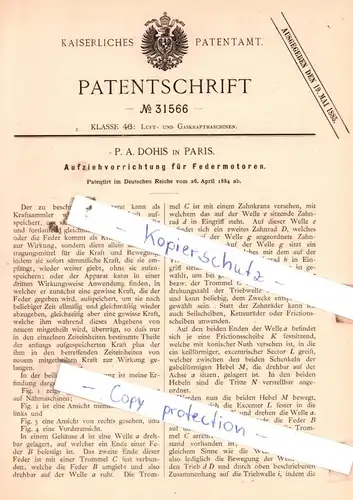 original Patent - P. A. Dohis in Paris , 1884 , Aufziehvorrichtung für Federmotoren !!!