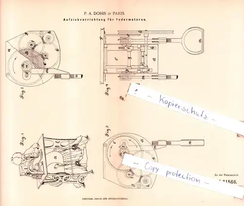 original Patent - P. A. Dohis in Paris , 1884 , Aufziehvorrichtung für Federmotoren !!!