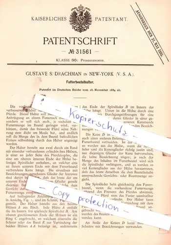 original Patent - Gustave S. Drachman in New-York , V. S. A. , 1884 ,  Futterbeutelhalter !!!