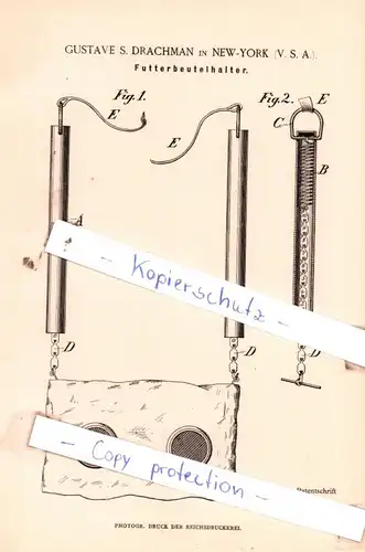 original Patent - Gustave S. Drachman in New-York , V. S. A. , 1884 ,  Futterbeutelhalter !!!