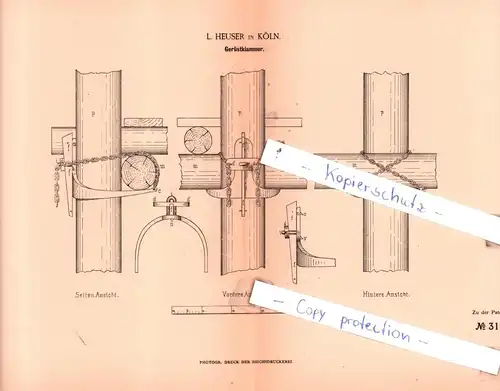 original Patent - L. Heuser in Köln , 1884 , Gerüstklammer !!!