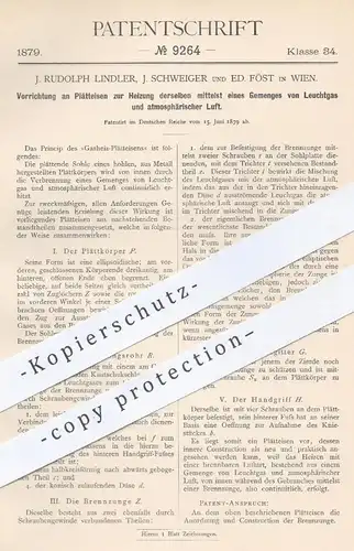 original Patent - J. R. Lindler, J. Schweiger , Ed. Föst , Wien , 1879 , Heizung aus Leuchtgas u. Luft für Bügeleisen !!