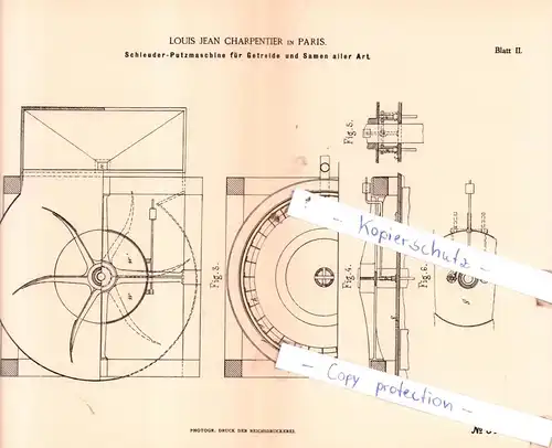 original Patent - Louis Jean Charpentier in Paris , 1884 , Schleuder-Putzmaschine für Getreide und Samen aller Art !!!