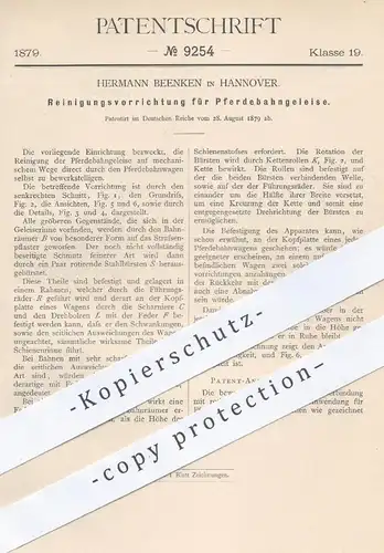 original Patent - Hermann Beenken in Hannover , 1879 , Reinigung der Pferdebahn - Gleise | Bahnwagen , Eisenbahn , Wagon