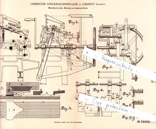 original Patent - Chemnitzer Strickmaschinenfabrik in Chemnitz , Sachsen , 1886 , Flecht- und Strickmaschinen !!!