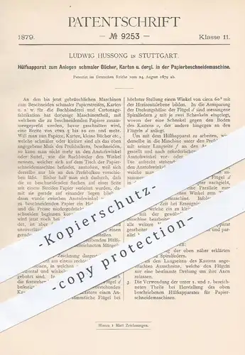 original Patent - Ludwig Hussong , Stuttgart , 1879 , Anlegen schmaler Bücher, Karten in der Papierbeschneidemaschine !!