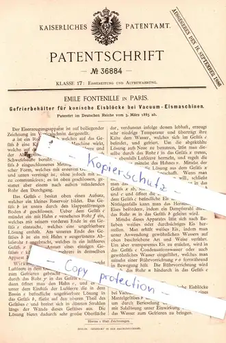 original Patent - Emile Fontenille in Paris , 1885 , Gefrierbehälter für Eisblöcke bei Vacuum-Eismaschinen !!!
