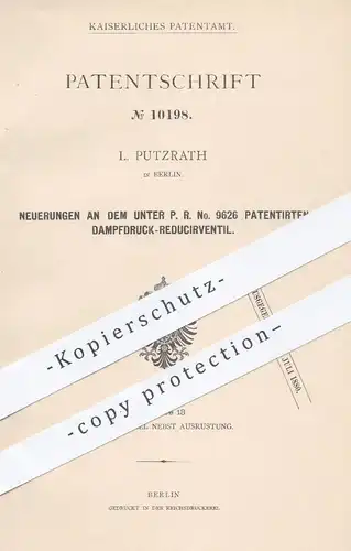 original Patent - L. Putzrath , Berlin , 1879 , Dampfdruck - Reduzierventil | Dampfkessel , Ventil , Dampfmaschinen !!!