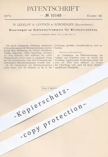 original Patent - W. Lefeldt & Lentsch , Schöningen / Braunschweig , 1879 , Schleudertrommel für Milchentrahmung | Milch