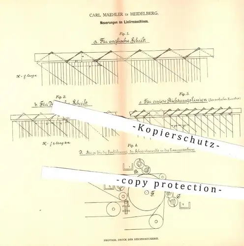 original Patent - Carl Maehler in Heidelberg , 1879 , Liniermaschine | Liniermaschinen , Walzen , Druck , Druckerei !!!