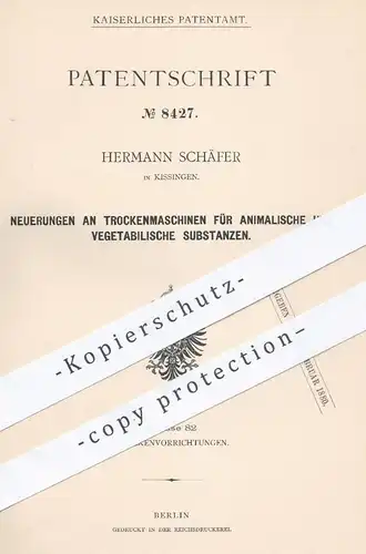 original Patent - H. Schäfer , Kissingen  , 1879 , Trockenmaschine für tierische u. pflanzliche Substanzen | Trocknen !!