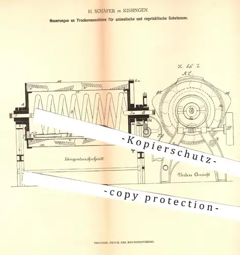 original Patent - H. Schäfer , Kissingen  , 1879 , Trockenmaschine für tierische u. pflanzliche Substanzen | Trocknen !!