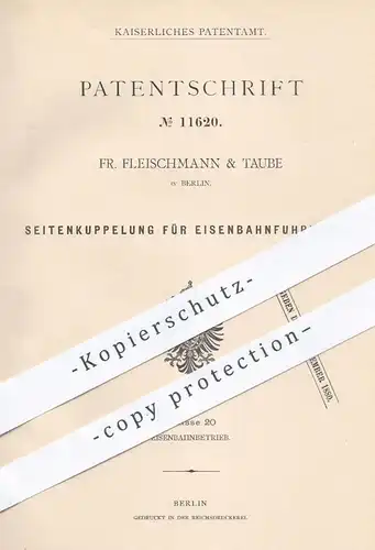 original Patent - Fr. Fleischmann & Taube in Berlin , 1880 , Seitenkupplung für Eisenbahnen | Kupplung , Eisenbahn !!!