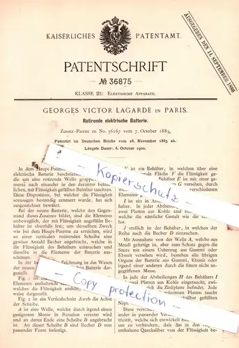original Patent - Georges Victor Lagarde in Paris , 1885 , Rotirende elektrische Batterie !!!