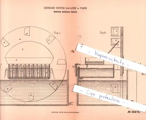 original Patent - Georges Victor Lagarde in Paris , 1885 , Rotirende elektrische Batterie !!!