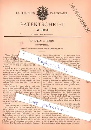 original Patent - F. Gerken in Berlin , 1885 , Hebevorrichtung !!!