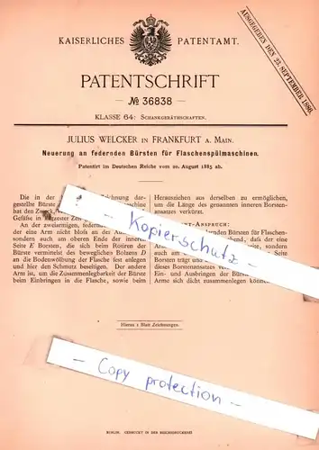 original Patent - Julius Welcker in Frankfurt a. Main , 1885 , Neuerung an Bürsten für Flaschenspülmaschinen !!!