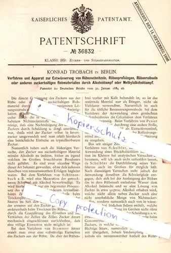 original Patent -  Konrad Trobach in Berlin , 1884 , Zucker- und Stärkefabrikation !!!