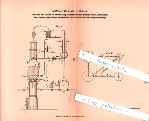 original Patent -  Konrad Trobach in Berlin , 1884 , Zucker- und Stärkefabrikation !!!