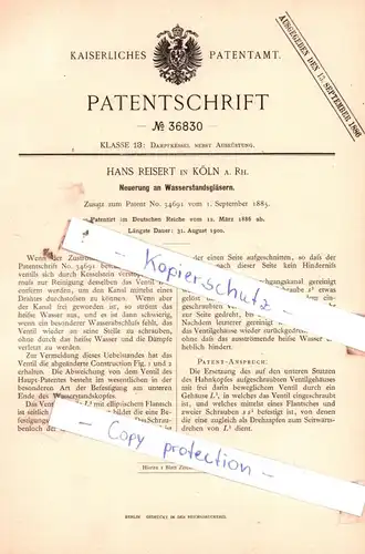 original Patent - Hans Reisert in Köln a. Rh. , 1886 , Neuerungen an Wasserstandsgläsern !!!