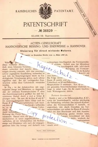 original Patent -  Actien-Gesellschaft Hannoversche Messings- und Eisenwerke in Hannover , 1886 , Dampfmaschinen !!!