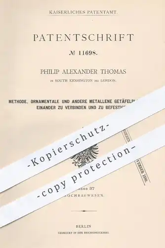 original Patent - Philip Alexander Thomas , South Kensington / London , 1880 , Befestigung von Metall - Getäfelplatten