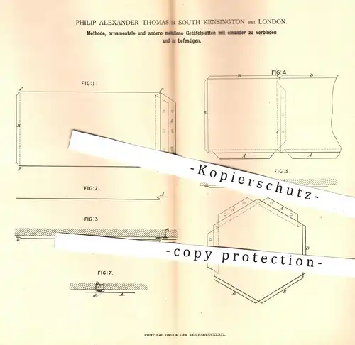 original Patent - Philip Alexander Thomas , South Kensington / London , 1880 , Befestigung von Metall - Getäfelplatten