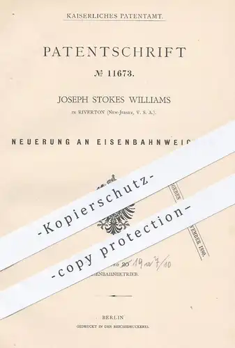 original Patent - Joseph Stokes Williams , Riverton , New Jersey USA , 1879 , Eisenbahnweichen | Eisenbahn , Weichen !!!