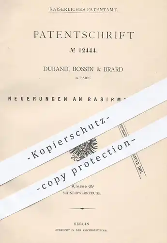 original Patent - Durand , Bossin & Brard in Paris , 1880 , Rasiermesser | Messer , Rasieren , Rasur , Schneidzeuge !!!
