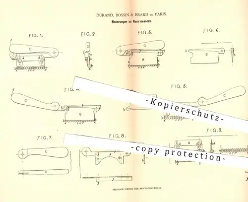 original Patent - Durand , Bossin & Brard in Paris , 1880 , Rasiermesser | Messer , Rasieren , Rasur , Schneidzeuge !!!