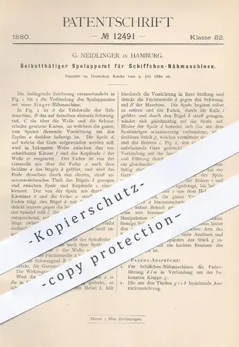 original Patent - G. Neidlinger , Hamburg ,1880 , Spulapparat für Schiffchen - Nähmaschinen | Nähmaschine , Nähen !!!