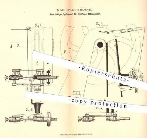 original Patent - G. Neidlinger , Hamburg ,1880 , Spulapparat für Schiffchen - Nähmaschinen | Nähmaschine , Nähen !!!