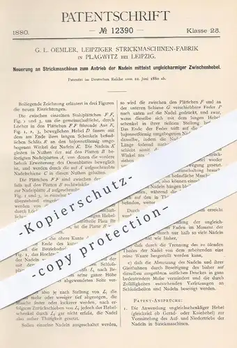 original Patent - G. L. Oemler , Strickmaschinen Fabrik , Leipzig Plagwitz 1880 , Antrieb der Nadeln bei Strickmaschinen