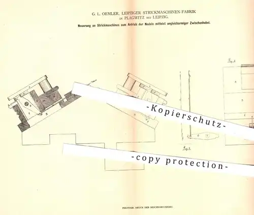 original Patent - G. L. Oemler , Strickmaschinen Fabrik , Leipzig Plagwitz 1880 , Antrieb der Nadeln bei Strickmaschinen