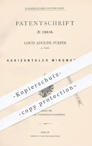 original Patent - Louis Adolph Purper in Paris , 1880 , Horizontaler Windmotor | Wind , Motor , Motoren , Windkraft !!!