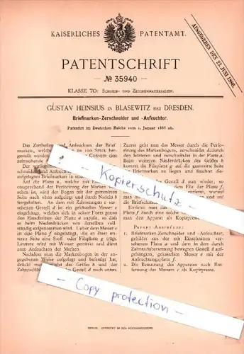 Original Patent  - Gustav Heinsius in Blasewitz bei Dresden , 1886 , Briefmarken-Zerschneider !!!