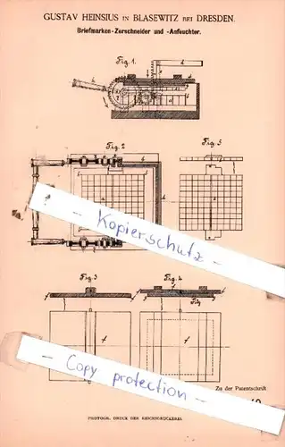 Original Patent  - Gustav Heinsius in Blasewitz bei Dresden , 1886 , Briefmarken-Zerschneider !!!