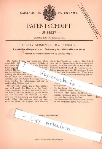 Original Patent  - Gustav Gerstenberger in Chemnitz , 1885 , Papierfabrikation !!!