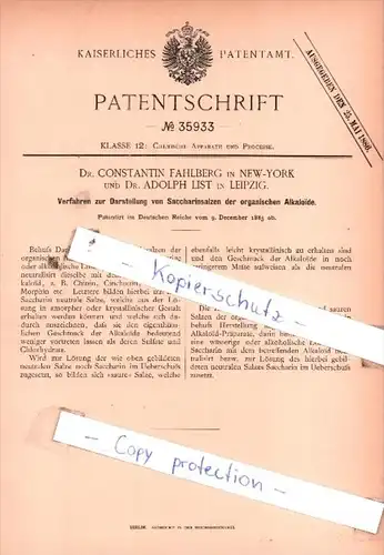 Original Patent  - Dr. Constantin Fahlberg in New-York und Dr. Adolph List in Leipzig , 1885 , !!!