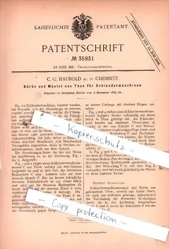 Original Patent  - C. G. Haubold jr. in Chemnitz , 1885 , Trockenvorrichtungen !!!