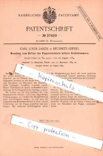 Original Patent  - Carl Louis Lasch in Reudnitz-Leipzig , 1885 , Buchbinderei !!!