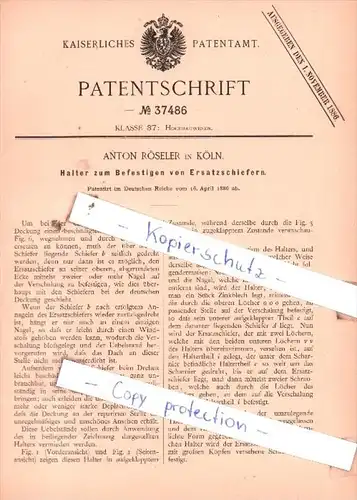 Original Patent  - Anton Röseler in Köln , 1886 , Hochbauwesen !!!