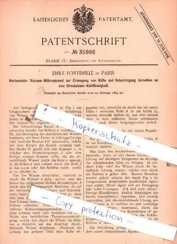 Original Patent  - EmileFontenille in Paris , 1885 ,  Horizontaler Vacuum-Röhrenkessel !!!